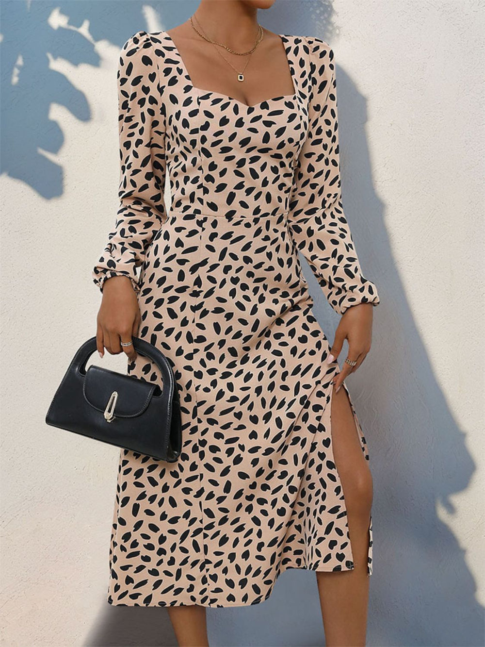 Tied Slit Printed Long Sleeve Midi Dress