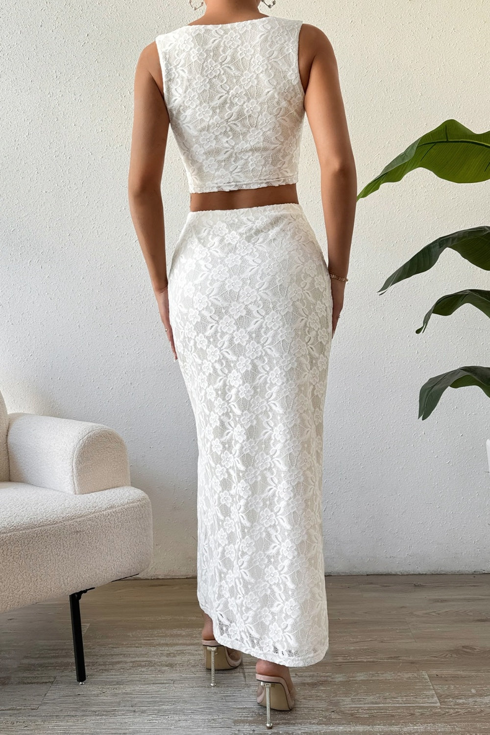 Lace Round Neck Top and Slit Skirt Set