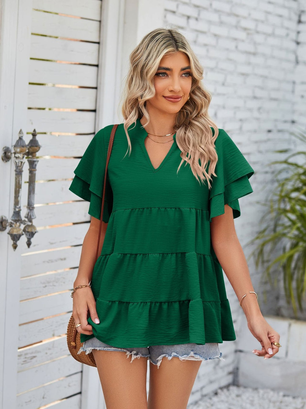 Tiered Notched Short Sleeve Blouse