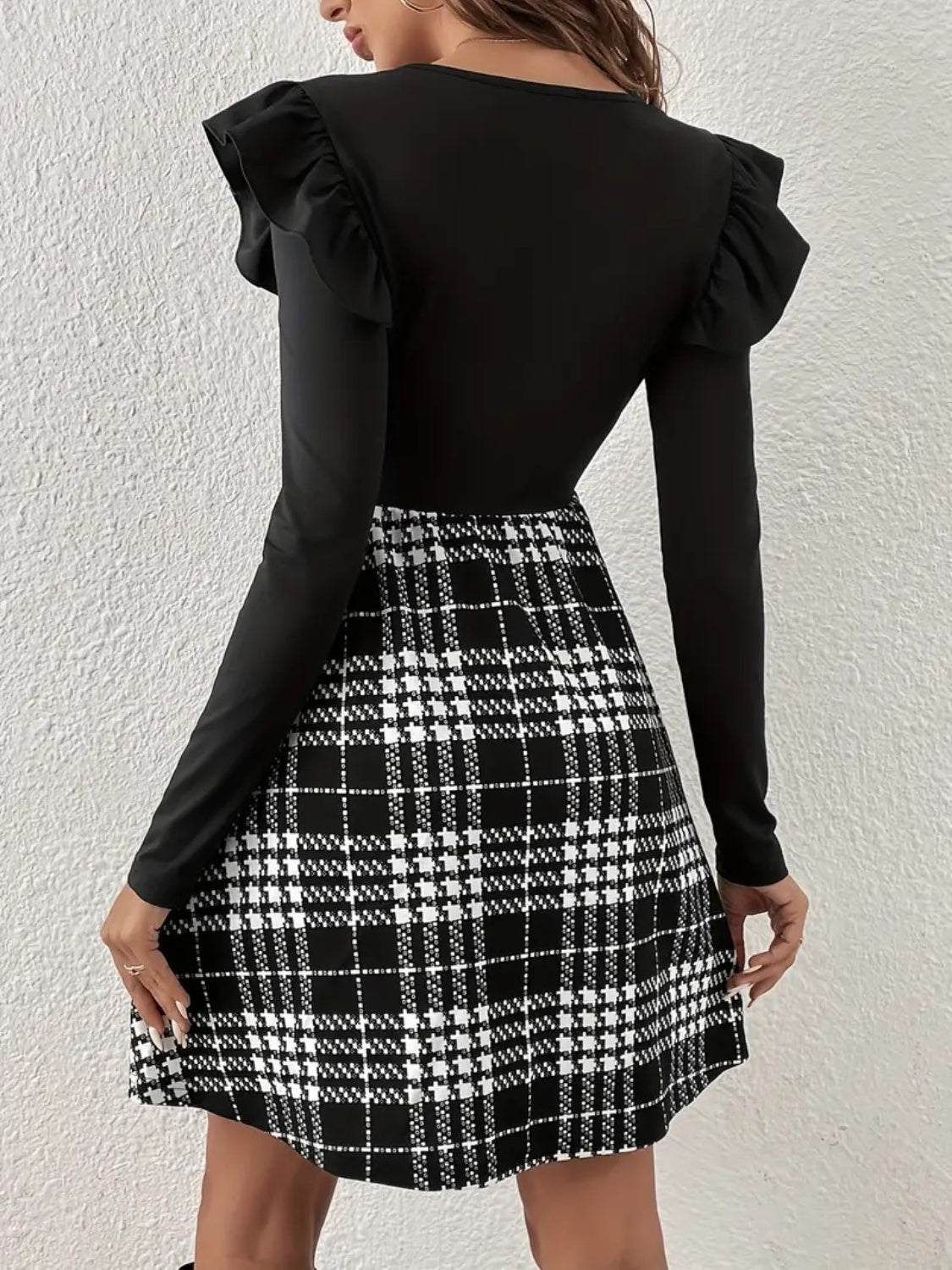 Ruffled Plaid Round Neck Long Sleeve Dress