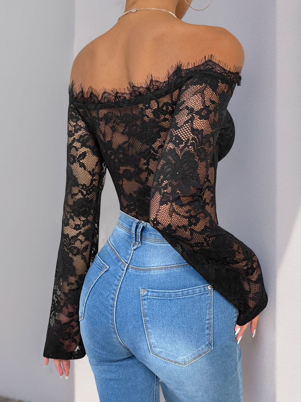 Perfee Lace Off-Shoulder Long Sleeve Bodysuit