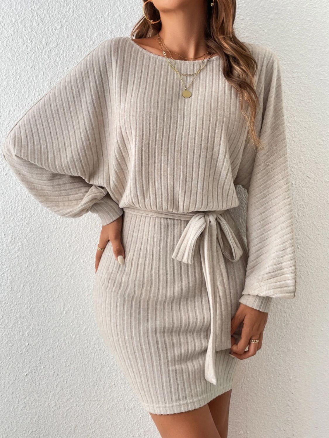 Round Neck Tie Waist Long Sleeve Mini Dress