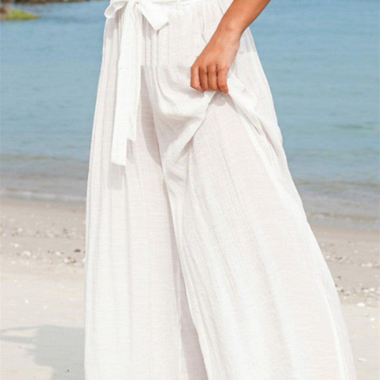 Linen Bow White Lace-up Beach Pants