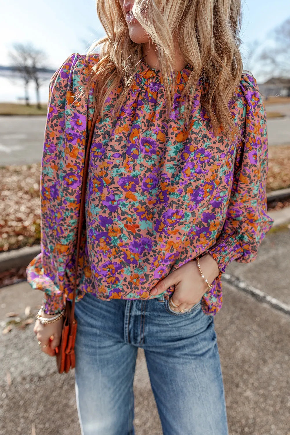 Floral Round Neck Long Sleeve Blouse