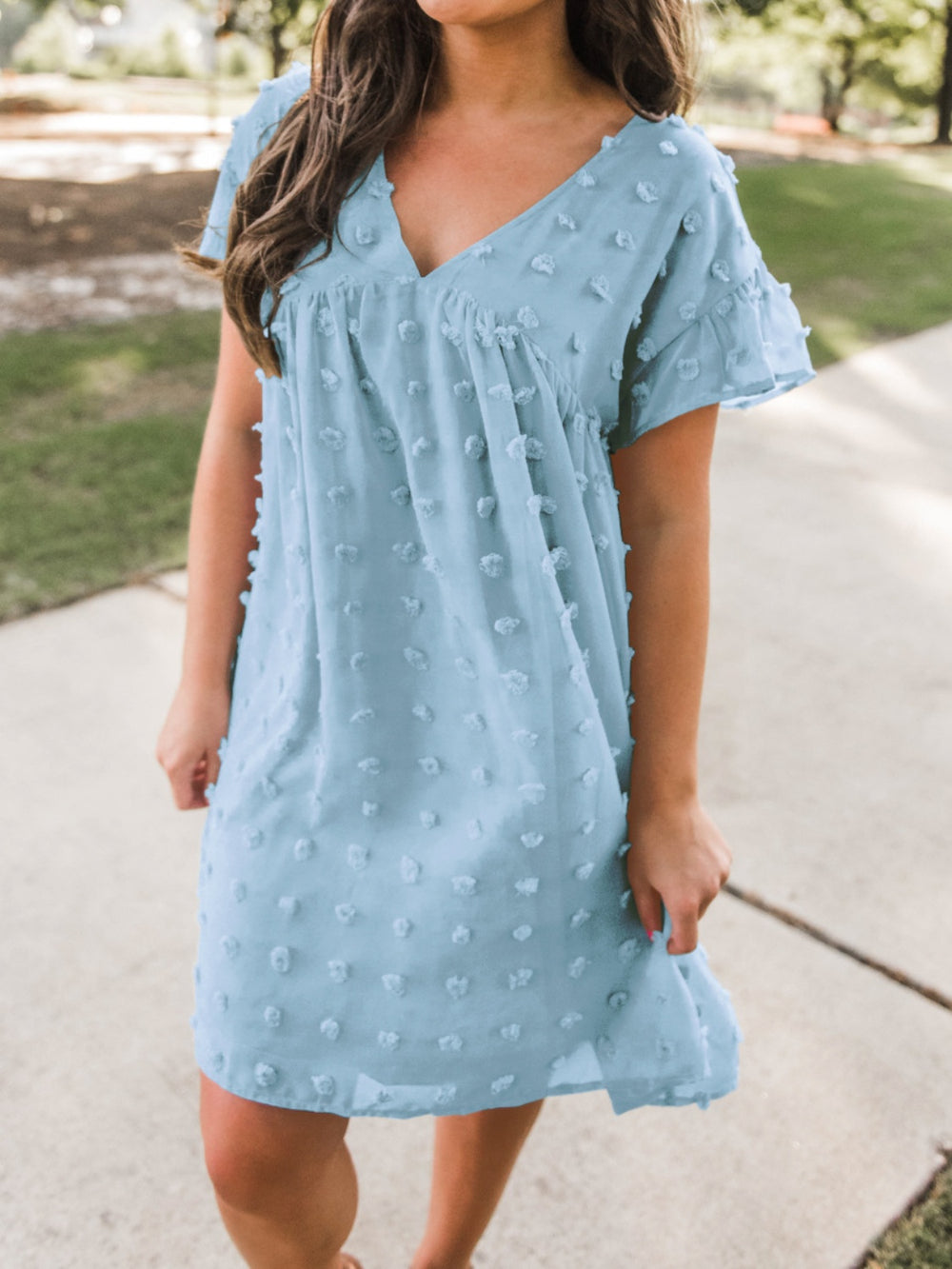 Swiss Dot V-Neck Short Sleeve Mini Dress