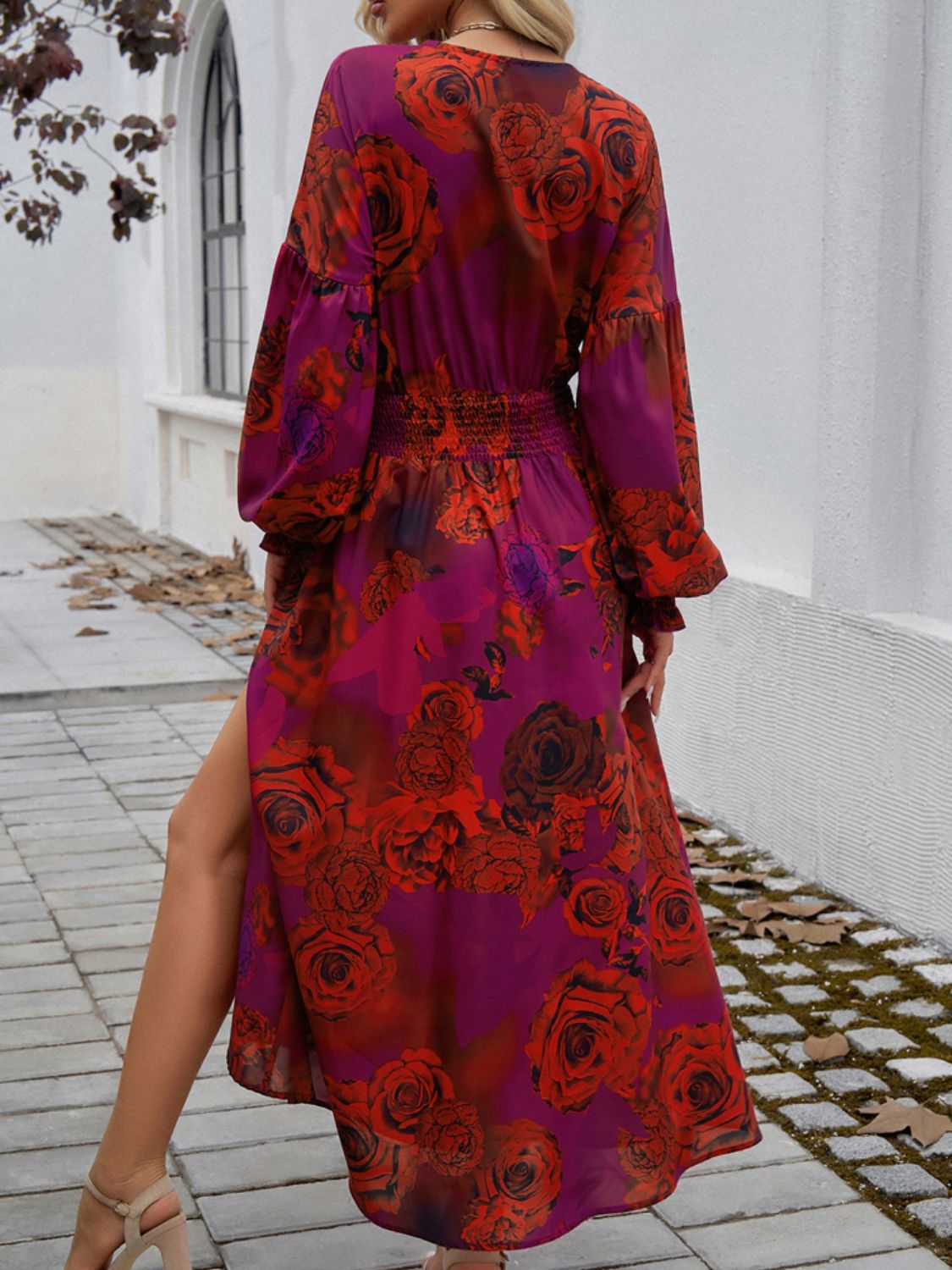 Split Printed Surplice Long Sleeve Midi Dress