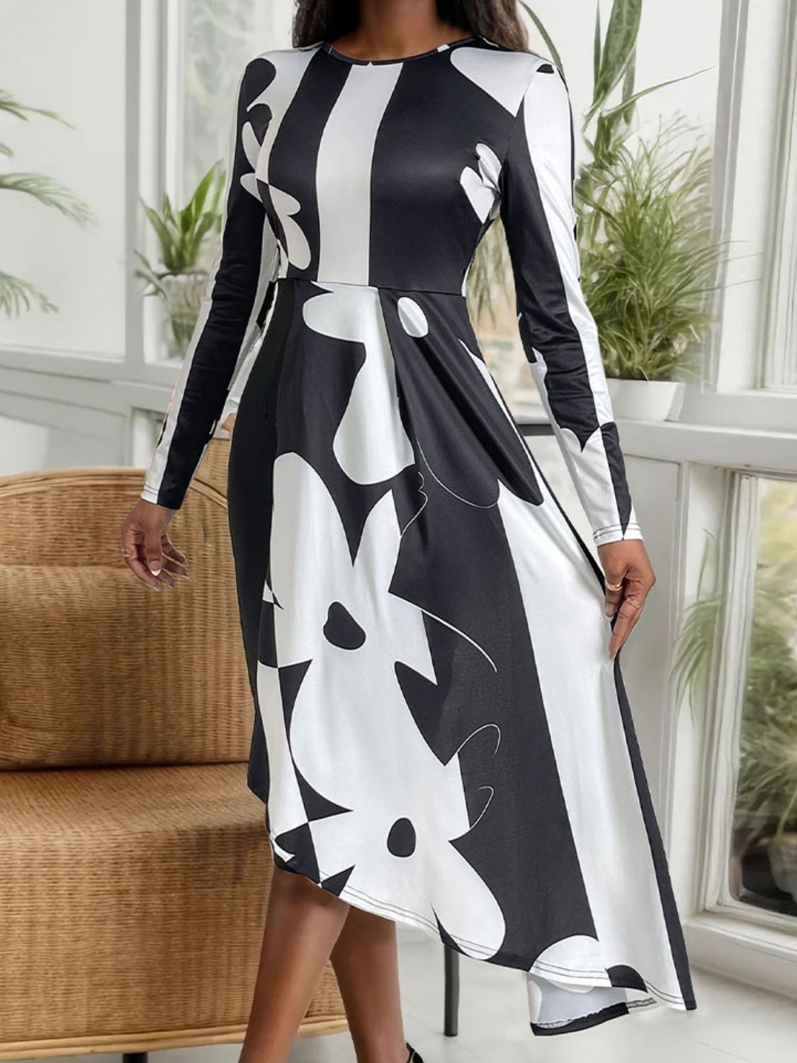 Asymmetrical Slit Round Neck Long Sleeve Midi Dress