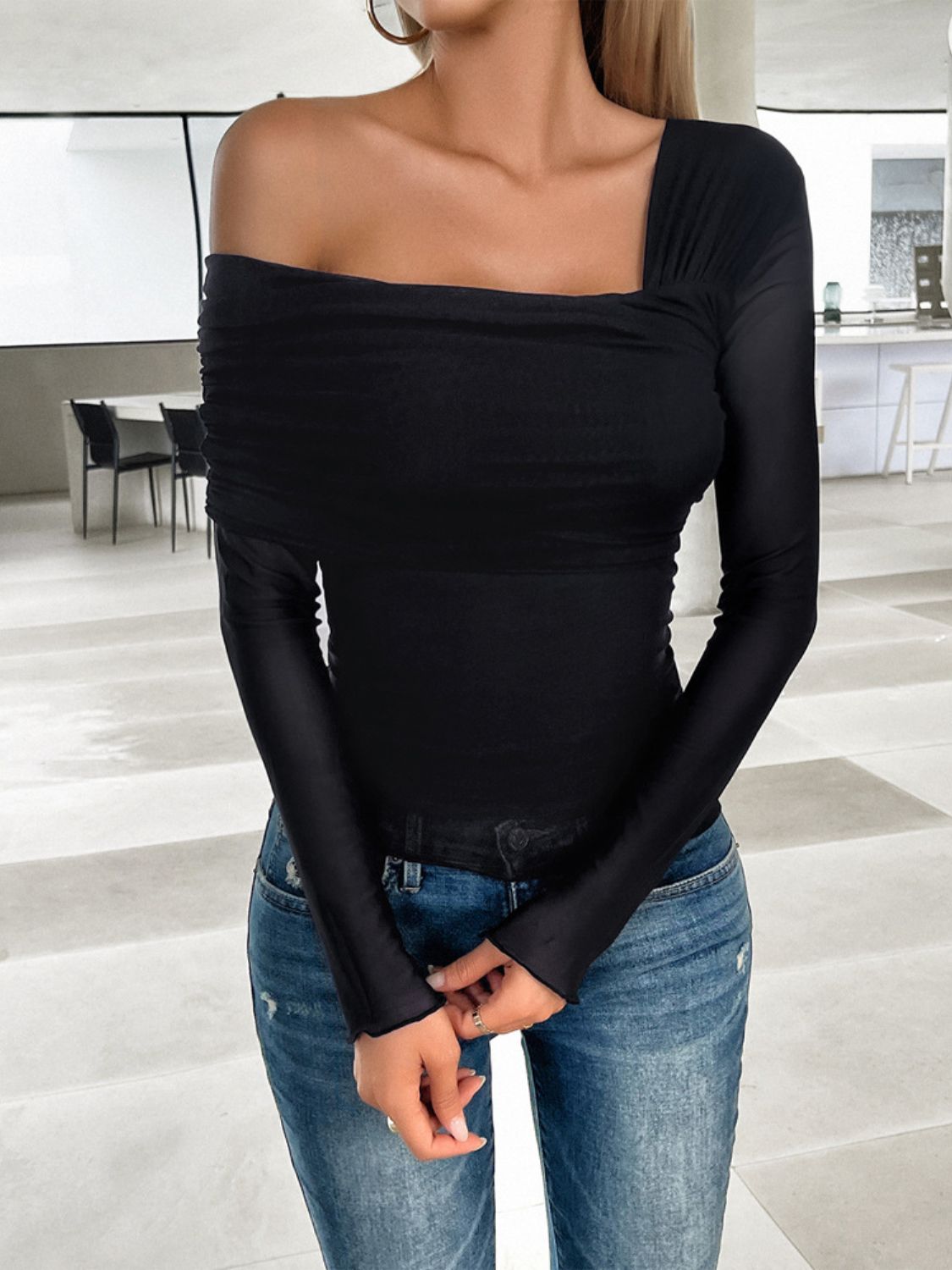 Ruched Asymmetrical Long Sleeve T-Shirt