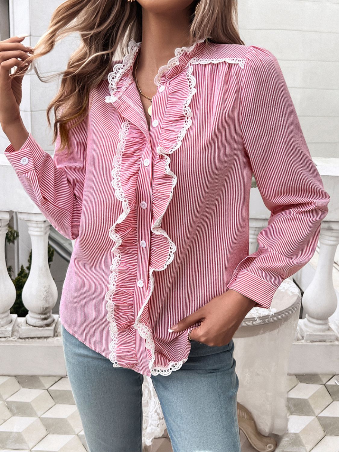 Textured Lace Detail Long Sleeve Shirt