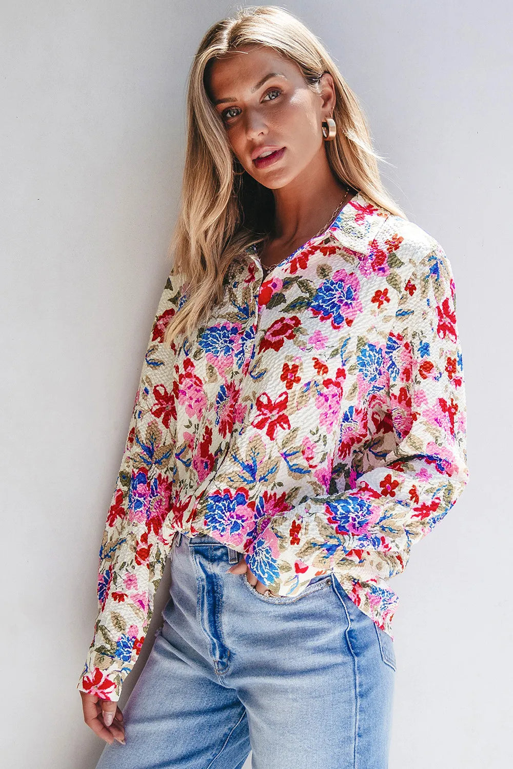 Floral Collared Neck Long Sleeve Shirt