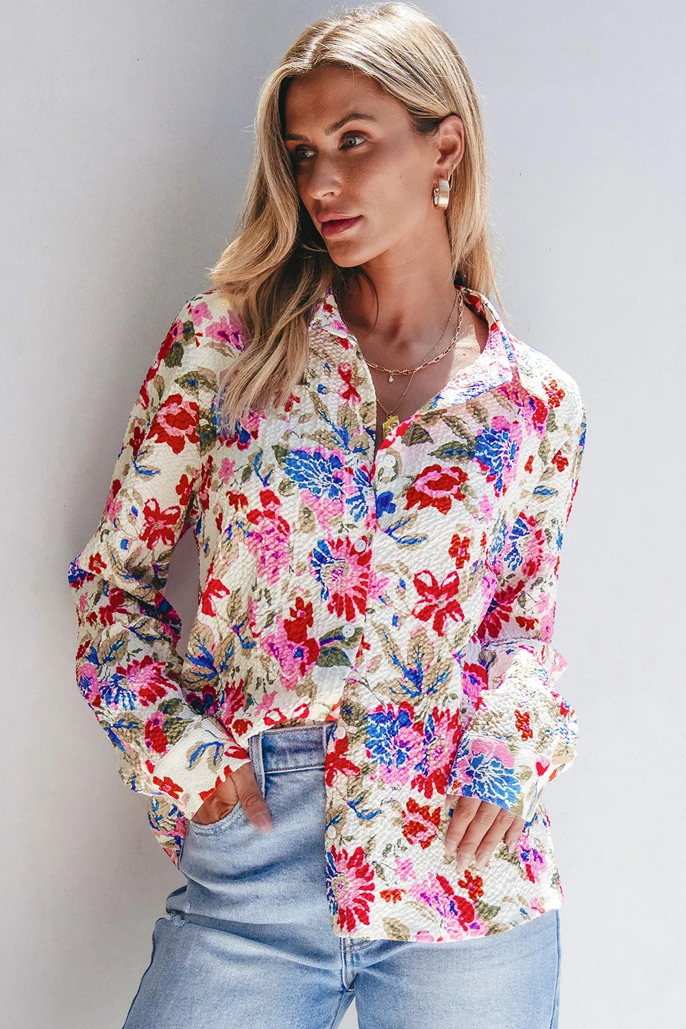 Floral Collared Neck Long Sleeve Shirt