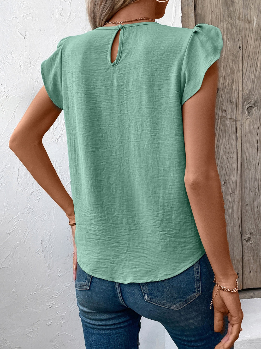 Ruched Round Neck Cap Sleeve Blouse