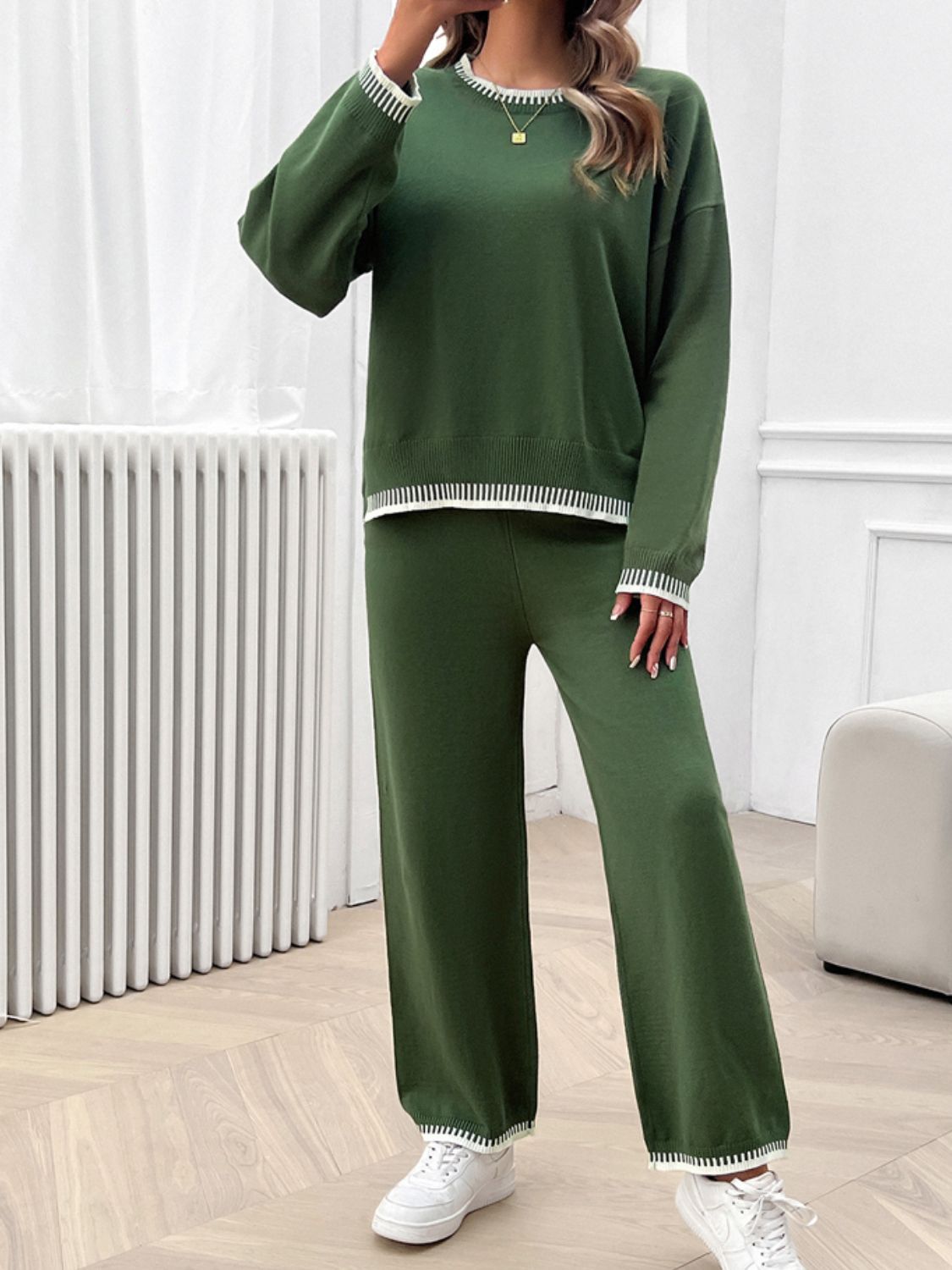 Round Neck Dropped Shoulder Top and Pants Sweater Set