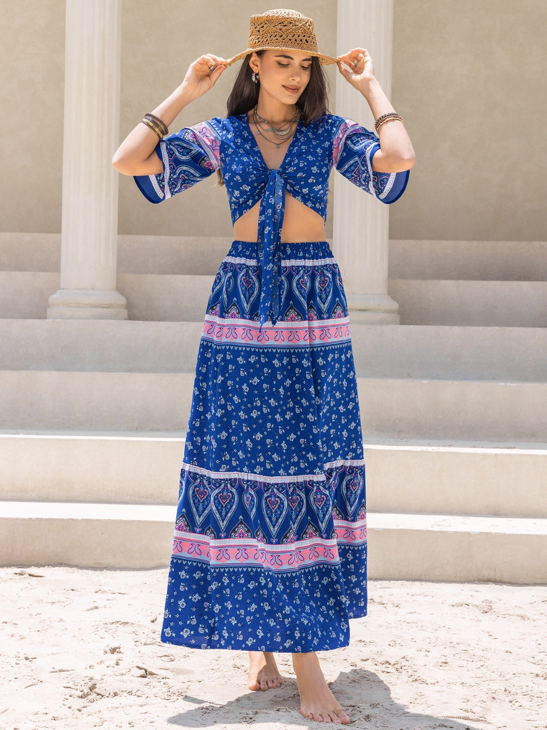 Printed Flutter Sleeve Top and Skirt Set