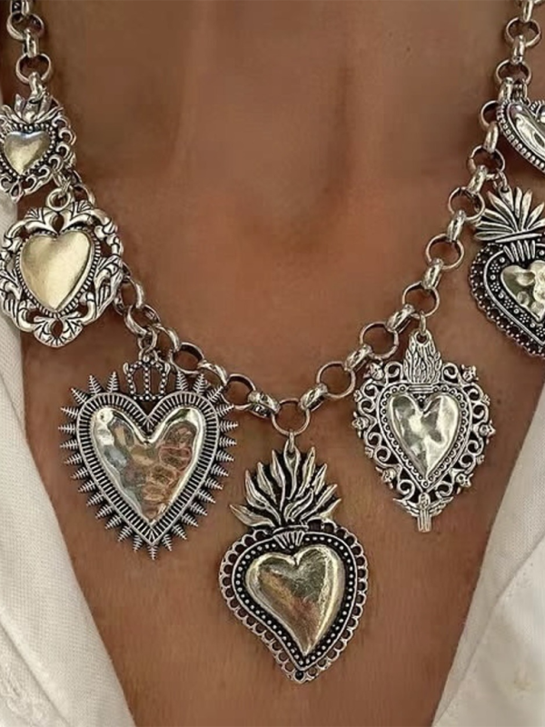 Multiple Sacred Heart Pendant Necklace Silver Chain Personalized Design Female Jewelry