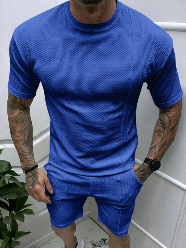 Men's new casual solid color shorts short sleeve suit