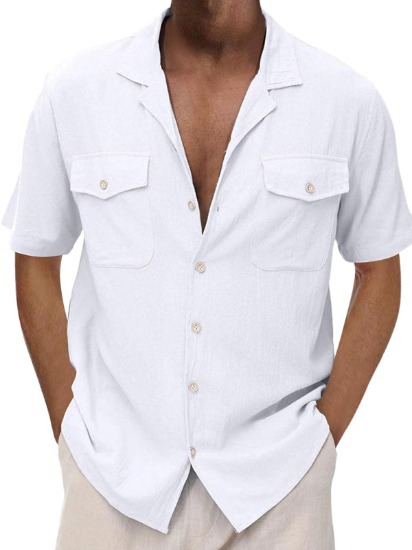 New Men's Casual Cardigan Short Sleeve Double Pocket Shirt