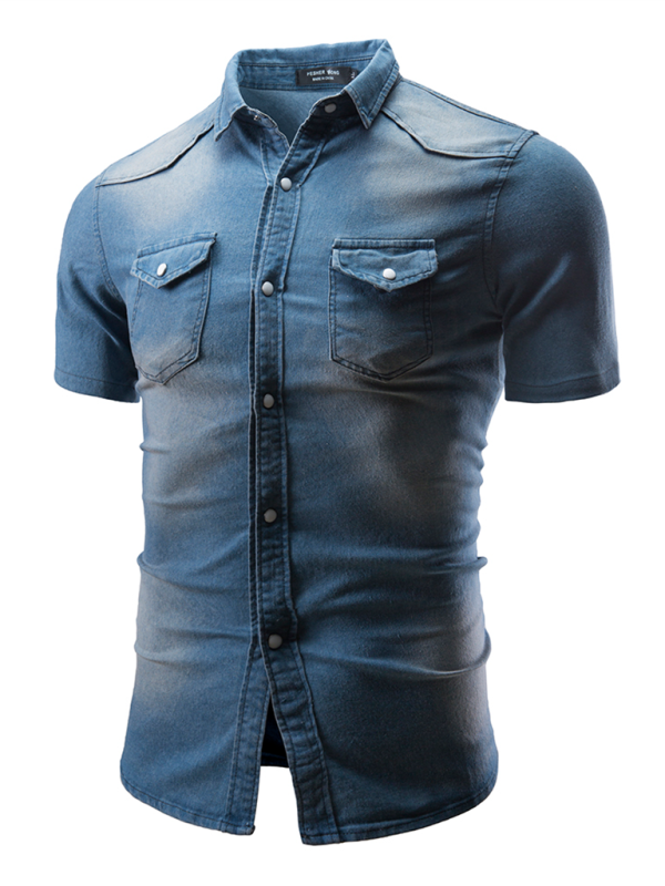 New Men's Solid Color Denim Pocket Decorated Short Sleeve Shirt