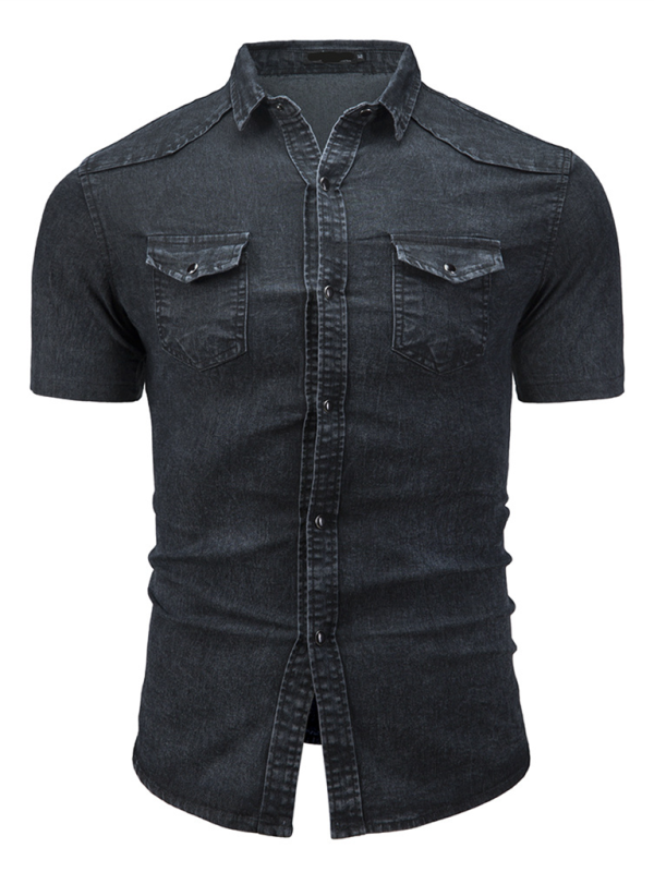 New Men's Solid Color Denim Pocket Decorated Short Sleeve Shirt