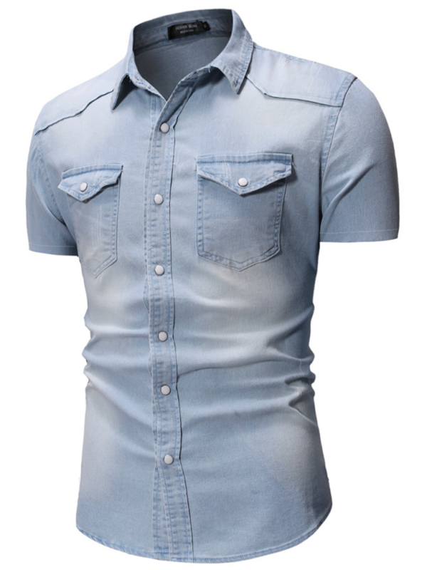 New Men's Solid Color Denim Pocket Decorated Short Sleeve Shirt