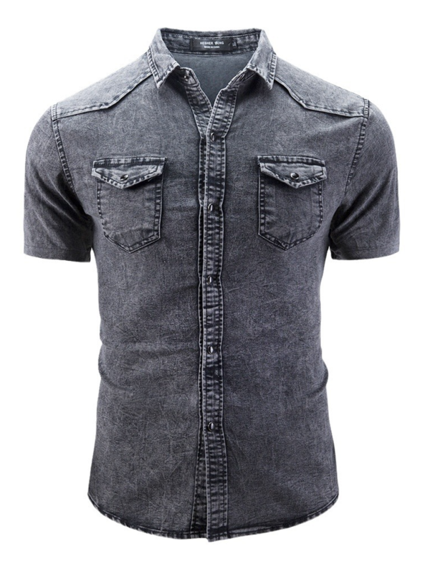 New Men's Solid Color Denim Pocket Decorated Short Sleeve Shirt