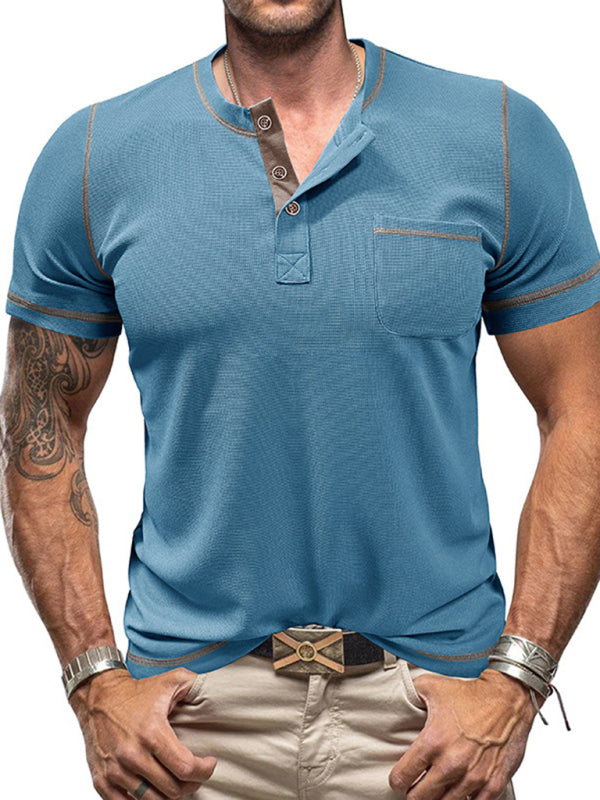 Mens Waffle Henry Short Sleeve Casual Contrast Top