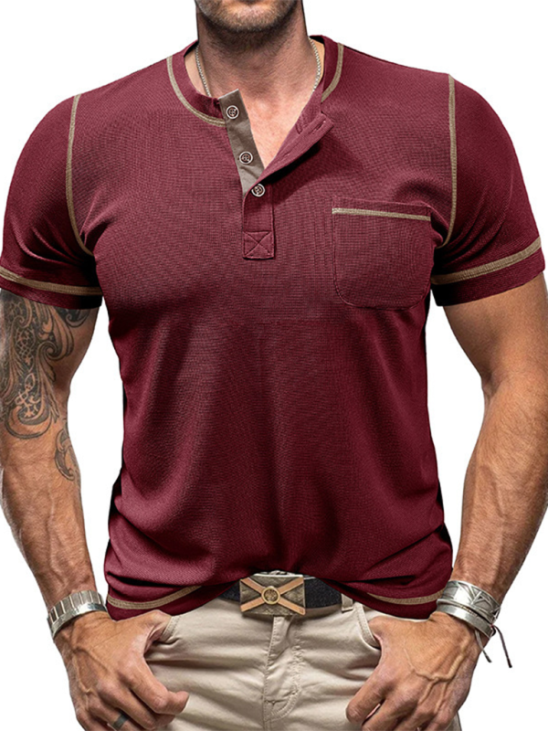 Mens Waffle Henry Short Sleeve Casual Contrast Top