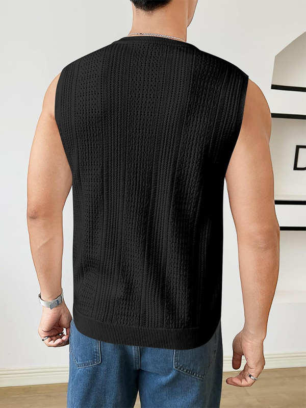 Men's new solid color sweater fashionable sleeveless top hollow breathable round neck casual vest