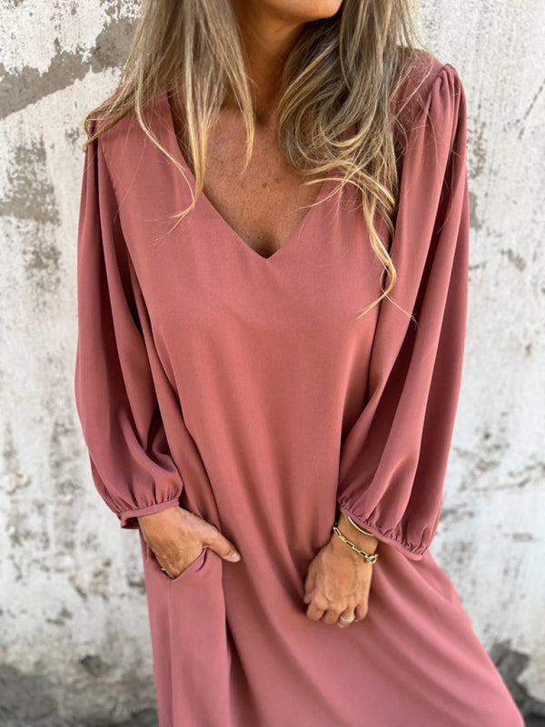 Casual loose V-neck solid color women's lantern sleeve dress