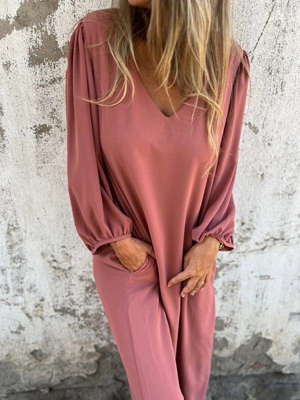 Casual loose V-neck solid color women's lantern sleeve dress