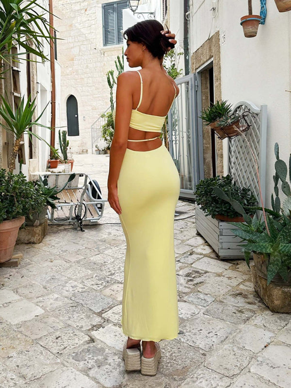 New sexy slim fit backless suspender solid color dress