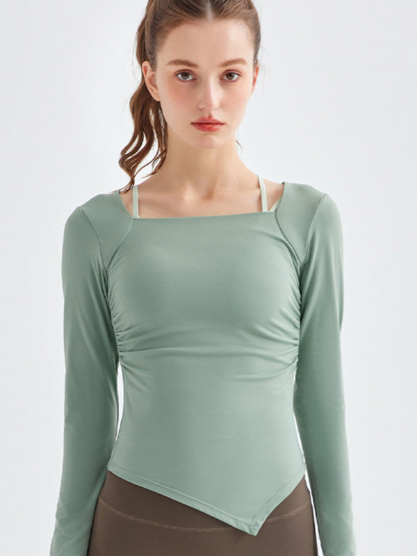 New square collar irregular hem sports long-sleeved quick-drying running fitness yoga clothing