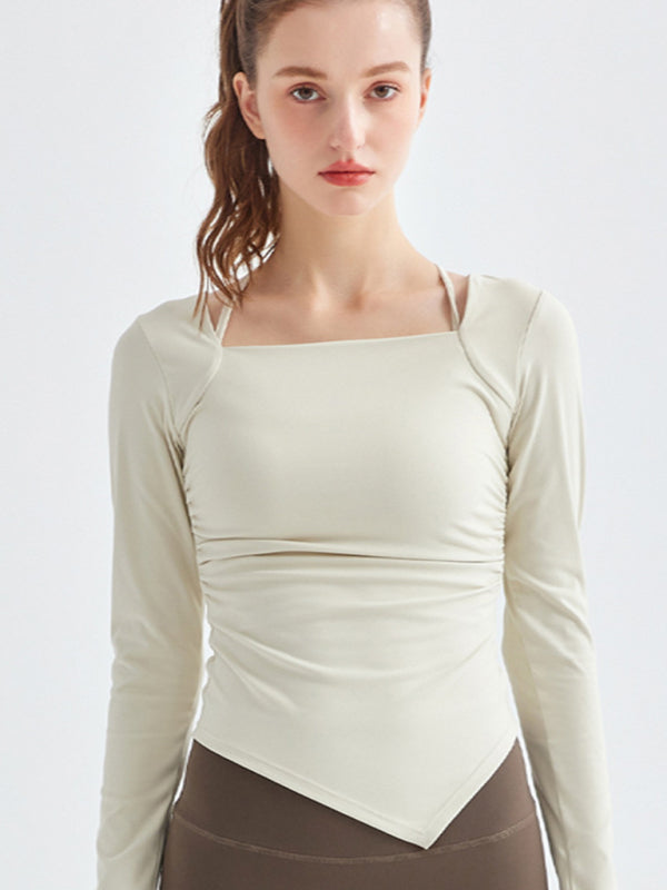 New square collar irregular hem sports long-sleeved quick-drying running fitness yoga clothing
