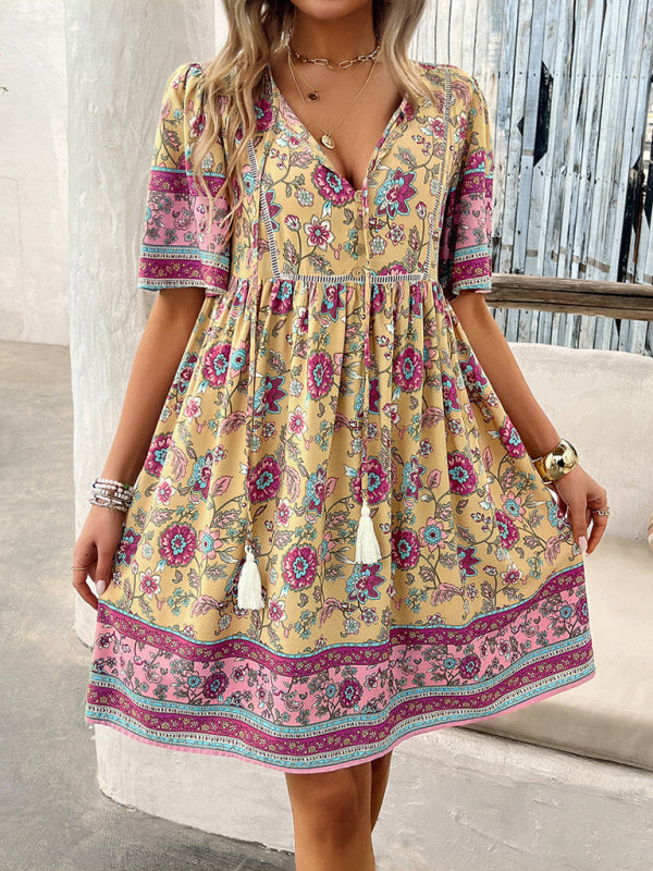 Spring and summer casual holiday printed short-sleeved dress