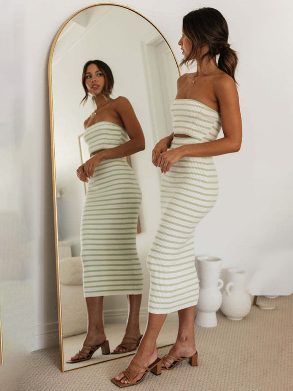 Women's one-shoulder sexy tube top striped knitted slim fit hip-hugging dress