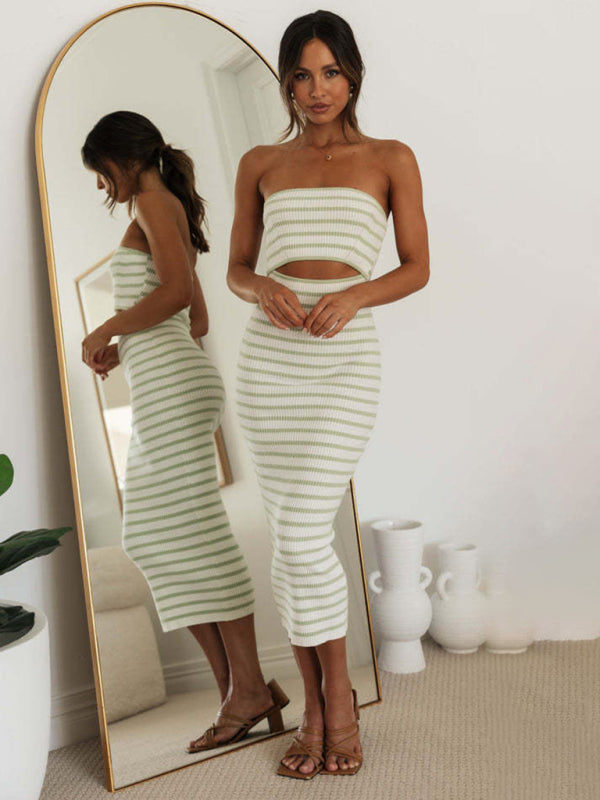 Women's one-shoulder sexy tube top striped knitted slim fit hip-hugging dress