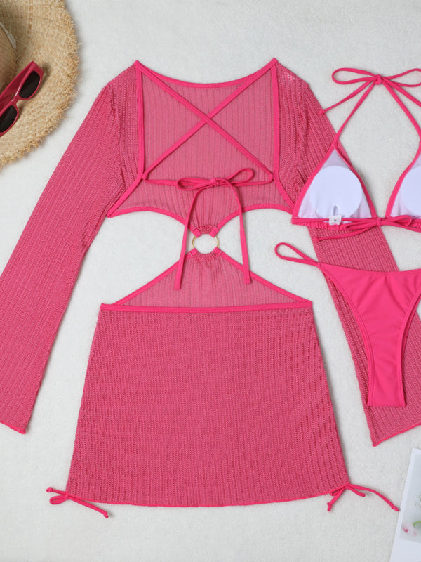 New mesh hollow drawstring swimsuit swimsuit bikini three-piece set