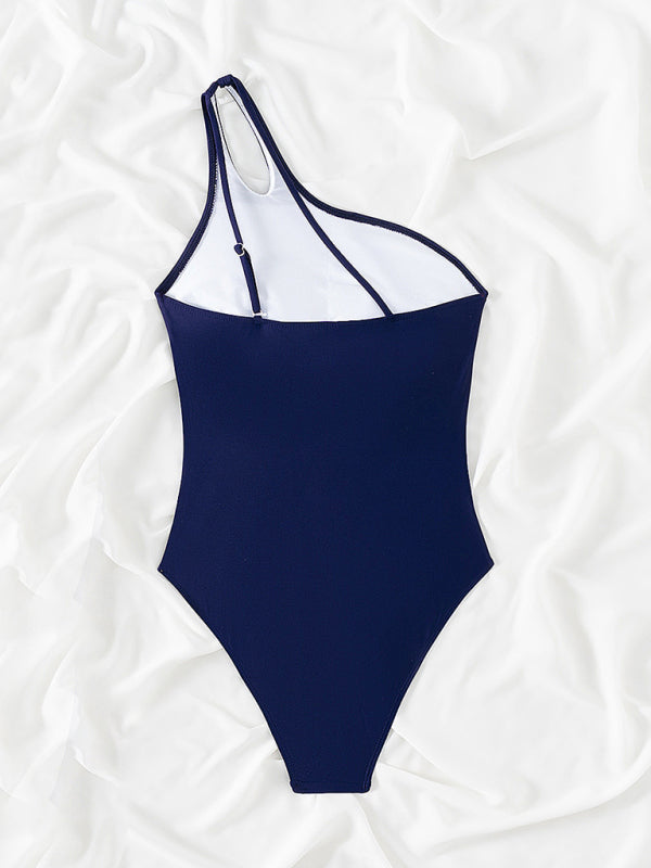 New one-piece swimsuit slanted shoulder hollow conservative leopard print one-piece swimsuit