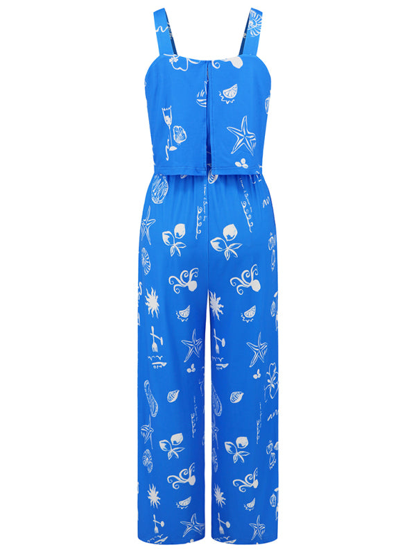 Women's Fashion Casual Suspender Printed Wide Leg Jumpsuit