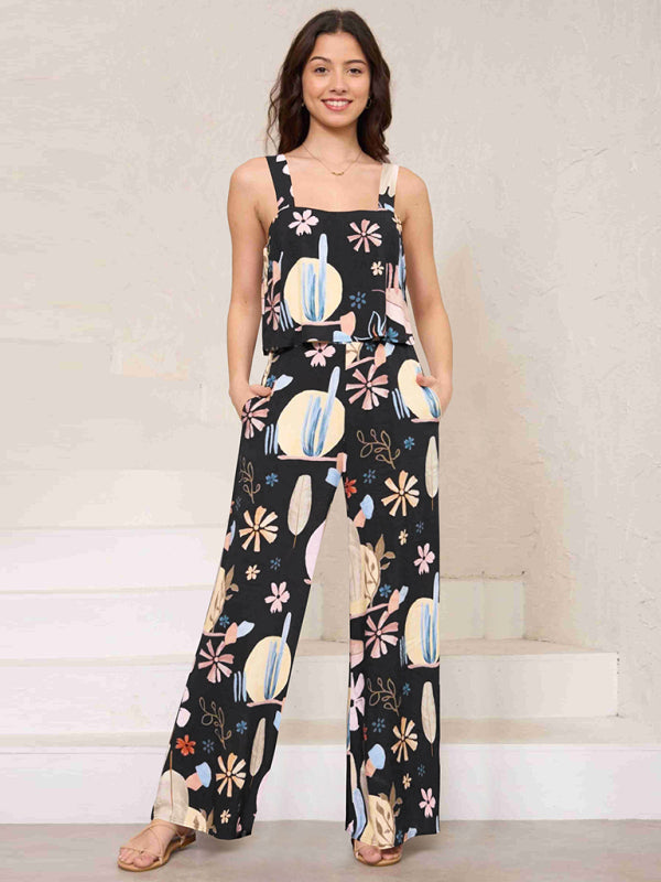 Women's Fashion Casual Suspender Printed Wide Leg Jumpsuit