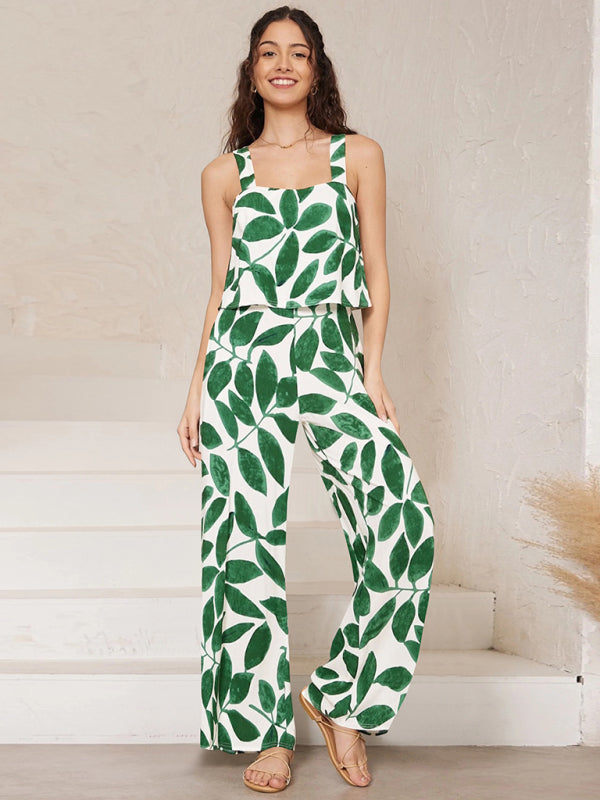 Women's Fashion Casual Suspender Printed Wide Leg Jumpsuit