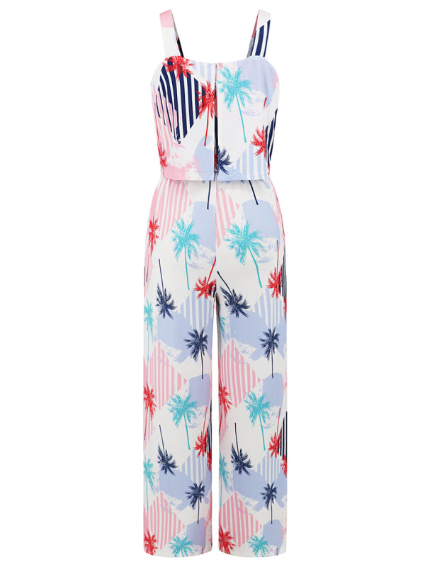 Women's Fashion Casual Suspender Printed Wide Leg Jumpsuit