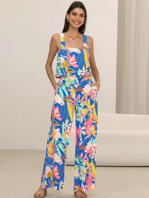 Women's Fashion Casual Suspender Printed Wide Leg Jumpsuit