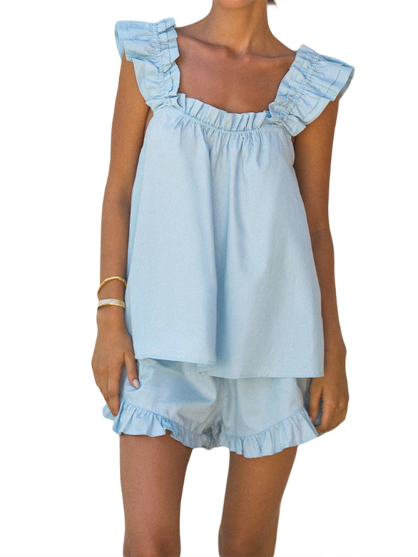 New fashionable sleeveless solid color ruffle suspender shorts home wear set
