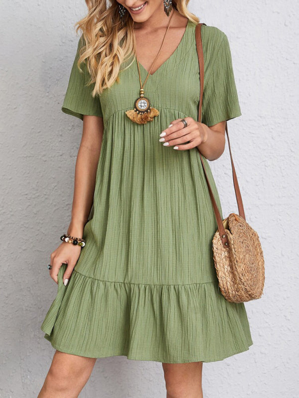 New Wave Wrinkle Breathable Loose Hem V-neck Short Sleeve Splicing Solid Color Dress