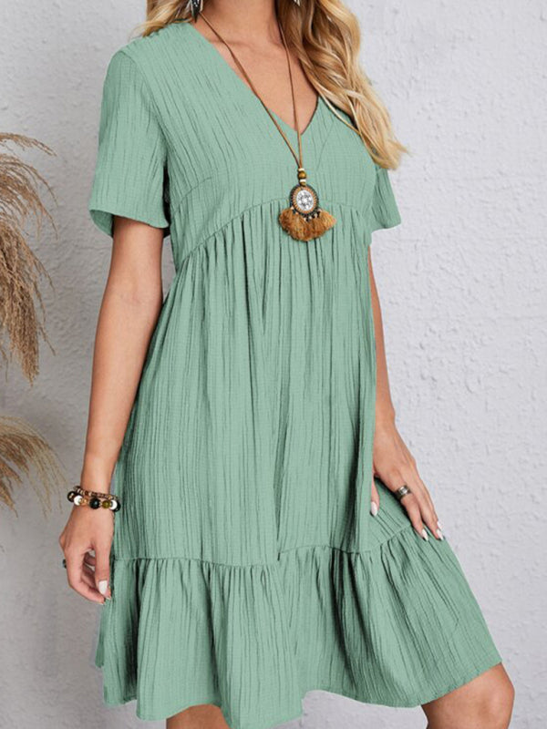 New Wave Wrinkle Breathable Loose Hem V-neck Short Sleeve Splicing Solid Color Dress