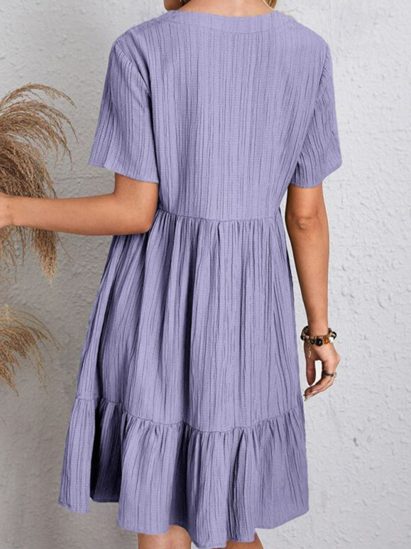 New Wave Wrinkle Breathable Loose Hem V-neck Short Sleeve Splicing Solid Color Dress