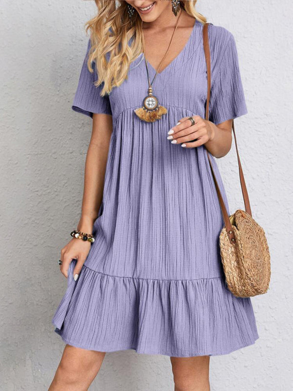 New Wave Wrinkle Breathable Loose Hem V-neck Short Sleeve Splicing Solid Color Dress