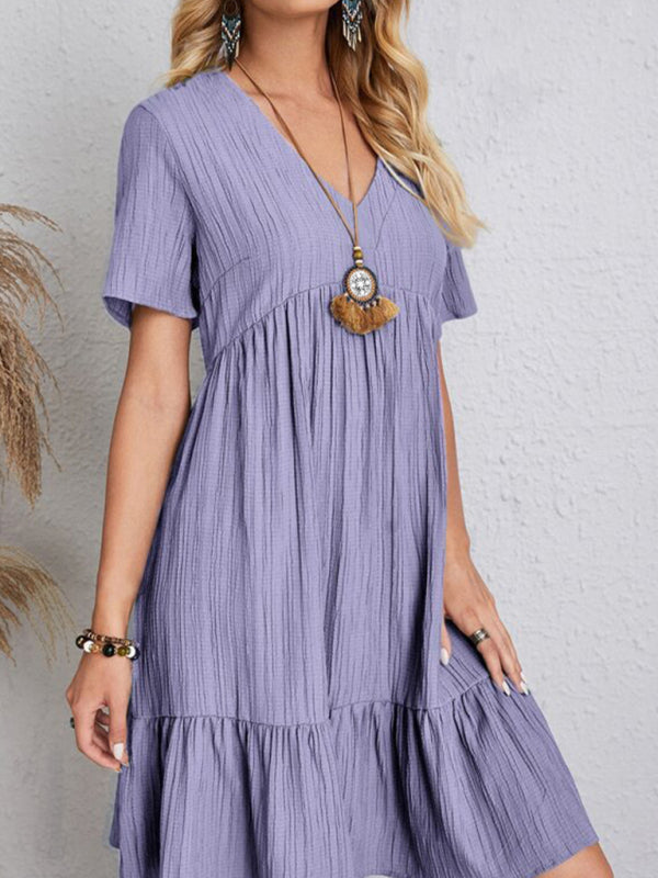 New Wave Wrinkle Breathable Loose Hem V-neck Short Sleeve Splicing Solid Color Dress