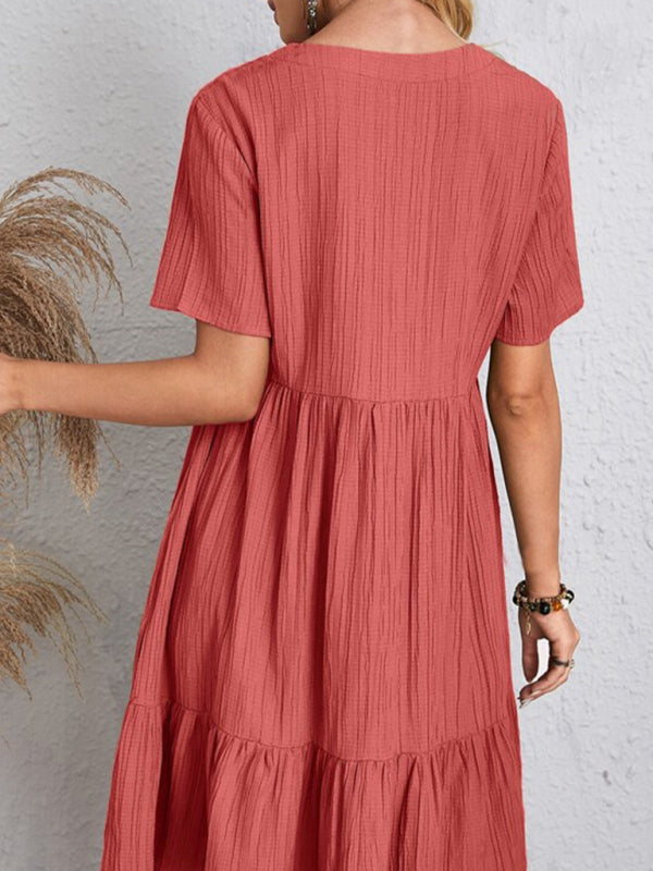 New Wave Wrinkle Breathable Loose Hem V-neck Short Sleeve Splicing Solid Color Dress